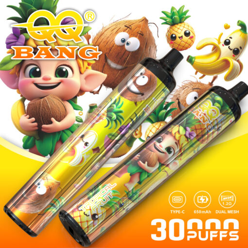 Bouteilles de vape aux couleurs vives avec des personnages de fruits de dessins animés et un ananas sur fond tropical, avec un grand texte “ 30 000 PUFFS ”.