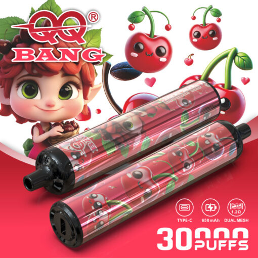 Appareils à vape rouge vif avec des visages de dessins animés sur le thème des cerises, sur un fond rouge avec des graphismes cerises et une zone de logo floue.