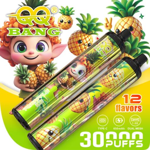 Cartucce per vaporizzatori luminose a tema ananas in tubi trasparenti con confezione verde/giallo e grafica ad ananas, su un vivace sfondo verde-giallo.