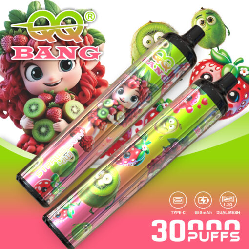 Deux stylos vape colorés aux saveurs de fruits avec des personnages de fruits de dessins animés et un emballage vibrant, inclinés sur un fond vert-rose vif.