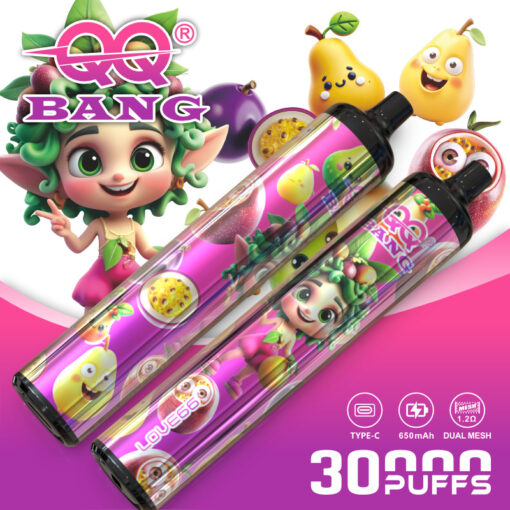 Bouteilles de vape en boîte rose vif avec des personnages de fruits de dessins animés et une grande étiquette “ 3000 PUFFS ”, entourées de graphismes de fruits ludiques et d'un fond coloré.