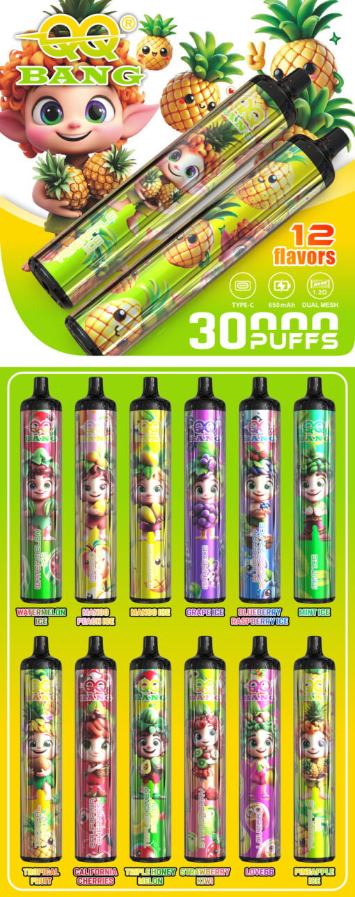 Sachets de jus colorés sur le thème tropical avec des personnages de dessins animés, une marque d'ananas et une sélection de 12 saveurs assorties présentées sur deux rangées.