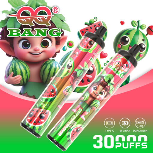 Stylos à vape colorés avec des motifs de pastèque et de personnages de dessins animés, sur un fond dégradé rose-vert vif.