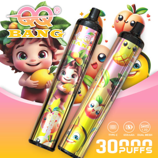 Colorful vape pens with cartoon fruit and emoji designs, packaging shows 30000 PUFFS and bright gradient background.