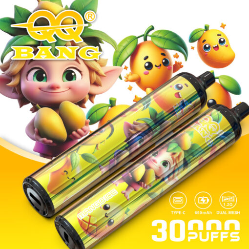 Vape pens with colorful cartoon fruit designs on a yellow background, featuring citrus characters and green leaves.