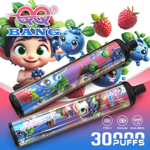 Appareils de vape colorés avec des personnages de dessins animés de myrtilles et de framboises, des fruits et un fond graphique brillant.