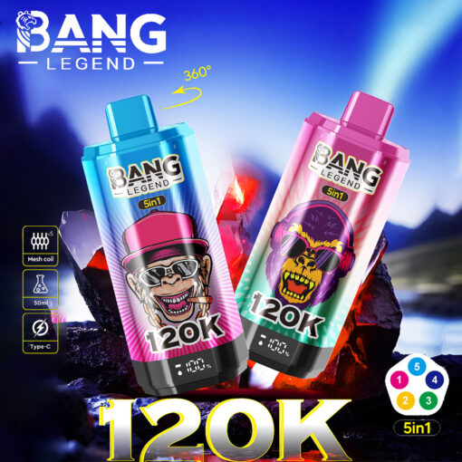 Due bottiglie colorate Bang Legend etichettate 120K con illustrazioni di teschi e jolly di cartoni animati, su uno sfondo roccioso illuminato.