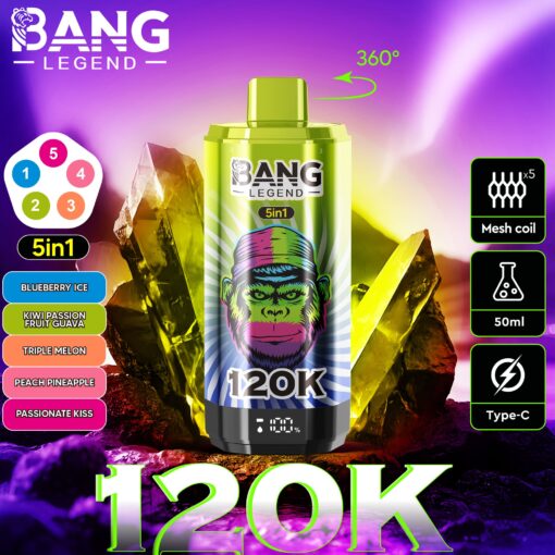 Flacone da vaporizzatore Bang Legend 5in1 da 120K con tappo verde neon, faccia di scimmia illustrata, circondata da cristalli e vibrante sfondo viola-rosa; mostra la rotazione di 360° e le icone della bobina mesh con le opzioni di gusto sulla sinistra.