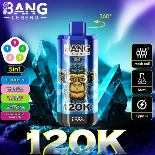 Bang Legend 120K e-liquid bottle featuring a blue 5-in-1 flavor device with a monkey design, surrounded by blue ice crystals and a vivid neon background.