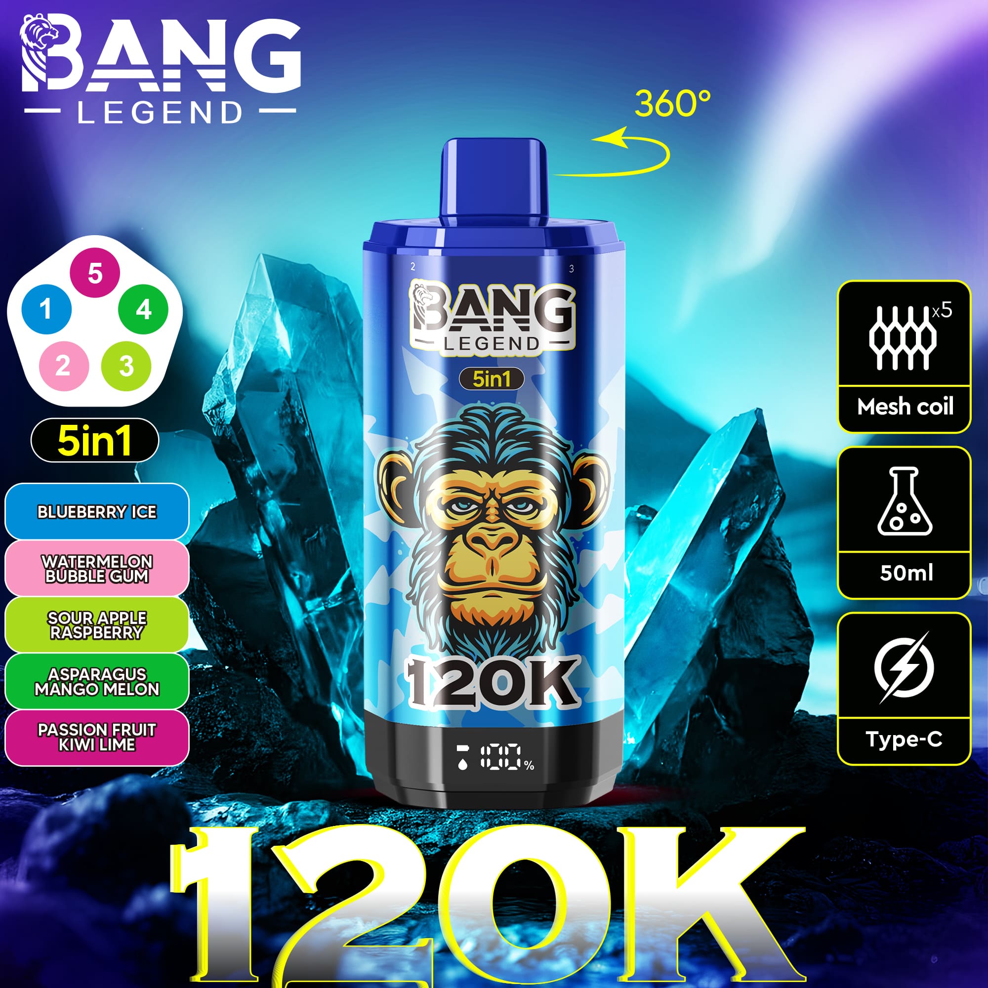 Bang Legend 120K e-liquid bottle featuring a blue 5-in-1 flavor device with a monkey design, surrounded by blue ice crystals and a vivid neon background.