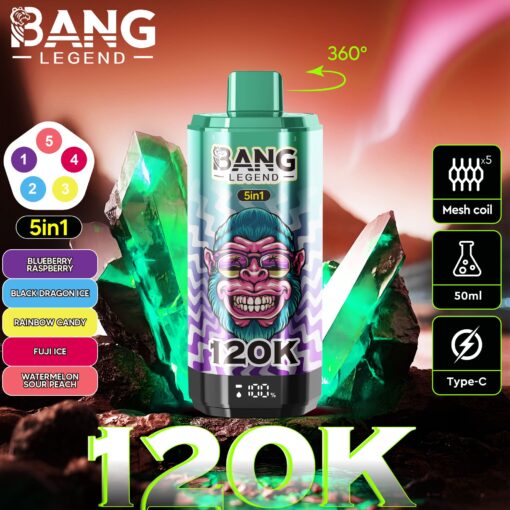 Bang Legend 120K vape device with green and purple gradient, surrounded by crystal rocks; features 5in1 flavors, 360° rotation, mesh coil, 50ml capacity, Type-C charging, bold 120K text at bottom.