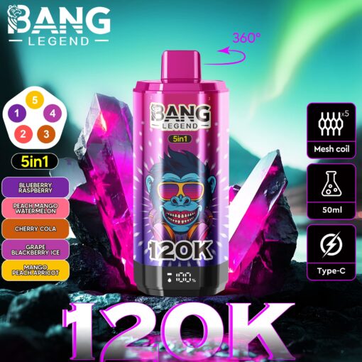 A pink Bang Legend vape bottle labeled 120K stands upright against crystalline purple rocks with a neon blue-green aurora background; left shows flavor options, right shows coil and 50ml icons, 360° indicator above.