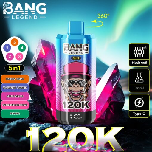 Bang Legend 5in1 energy drink bottle with cartoon clown label, blue and pink gradient, set against rocky mountains and aurora; features 360° spin indicator and black accessories icons on right.