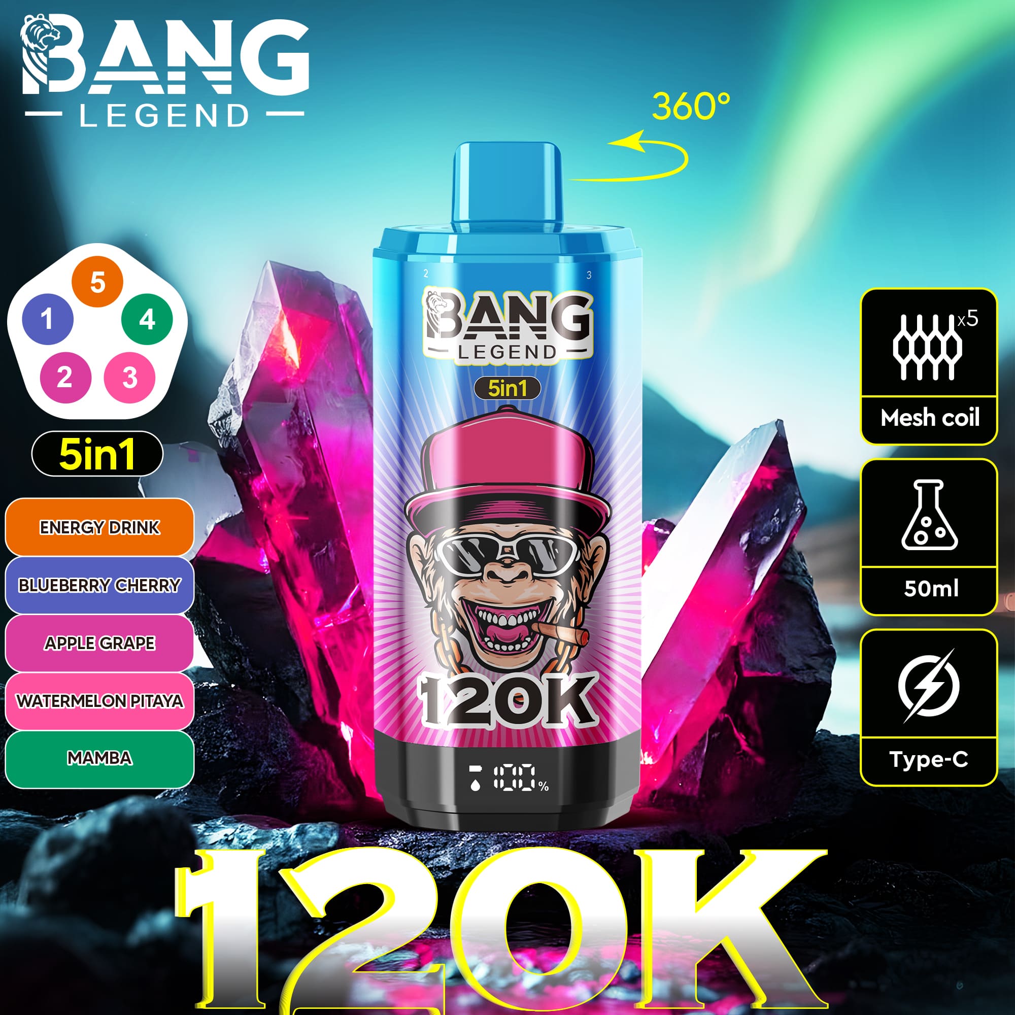 Bang Legend 5in1 energy drink bottle with cartoon clown label, blue and pink gradient, set against rocky mountains and aurora; features 360° spin indicator and black accessories icons on right.