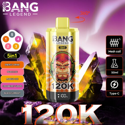 A yellow Bang Legend 5in1 vape bottle with a cartoon ape logo, surrounded by purple crystals, against a pink-purple background; the label shows “120K,” and icons indicate mesh coil, 50ml, Type-C, and 360° rotation.