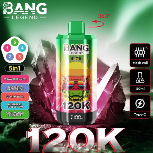Bang Legend 5in1 vape bottle with a colorful 120K design, man with sunglasses graphic, green cap, set against crystal-like pink rocks and a neon backdrop. 360° rotate indicator and packaging highlights.