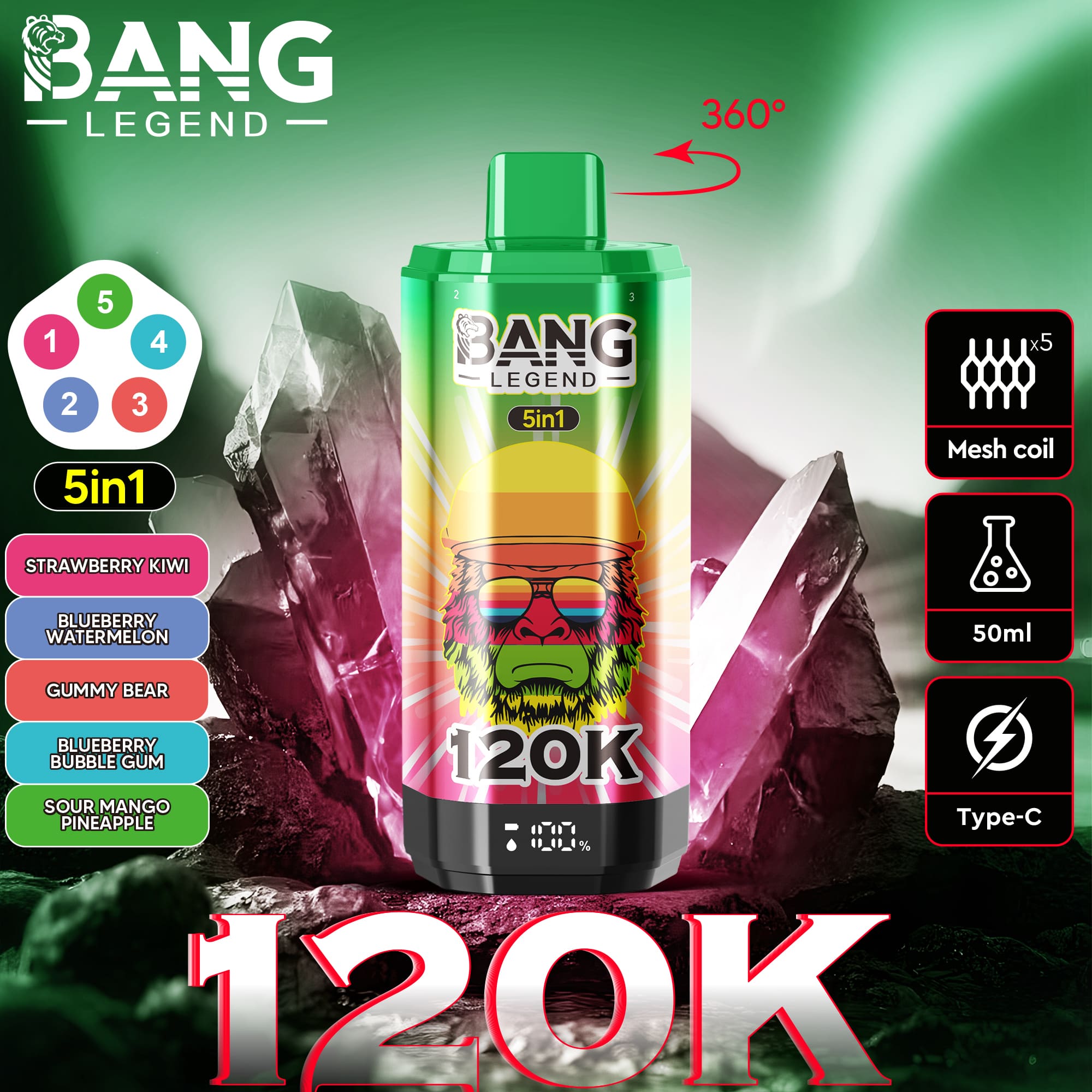 Bang Legend 5in1 vape bottle with a colorful 120K design, man with sunglasses graphic, green cap, set against crystal-like pink rocks and a neon backdrop. 360° rotate indicator and packaging highlights.