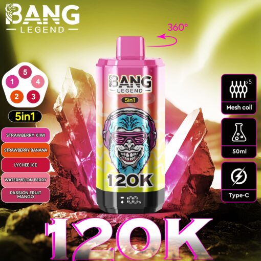 High-visibility Bang Legend 5-in-1 vape bottle with neon pink cap, surrounded by crystal rocks, 120K bold label, and feature icons on the right.