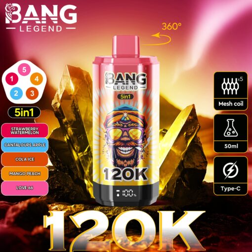 Premium Bang Legend vape bottle with 120K theme, twistable 360° cap, surrounded by crystal formations on fiery background, displays 5in1 flavor options and mesh coil icons on right.