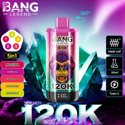 Vibrant Bang Legend 120K vape bottle with a pink cap, skull logo, and psychedelic background; features 5in1 flavors, 50ml, mesh coil, and Type-C charging indicators.