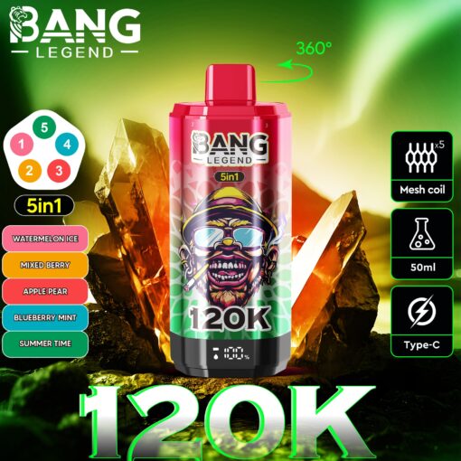 A bright pink Bang Legend 5-in-1 vape bottle labeled 120K, set against glowing crystals with a green-yellow background; features include 5in1, mesh coil icon, 50ml, Type-C, and colorful flavor options on the left.