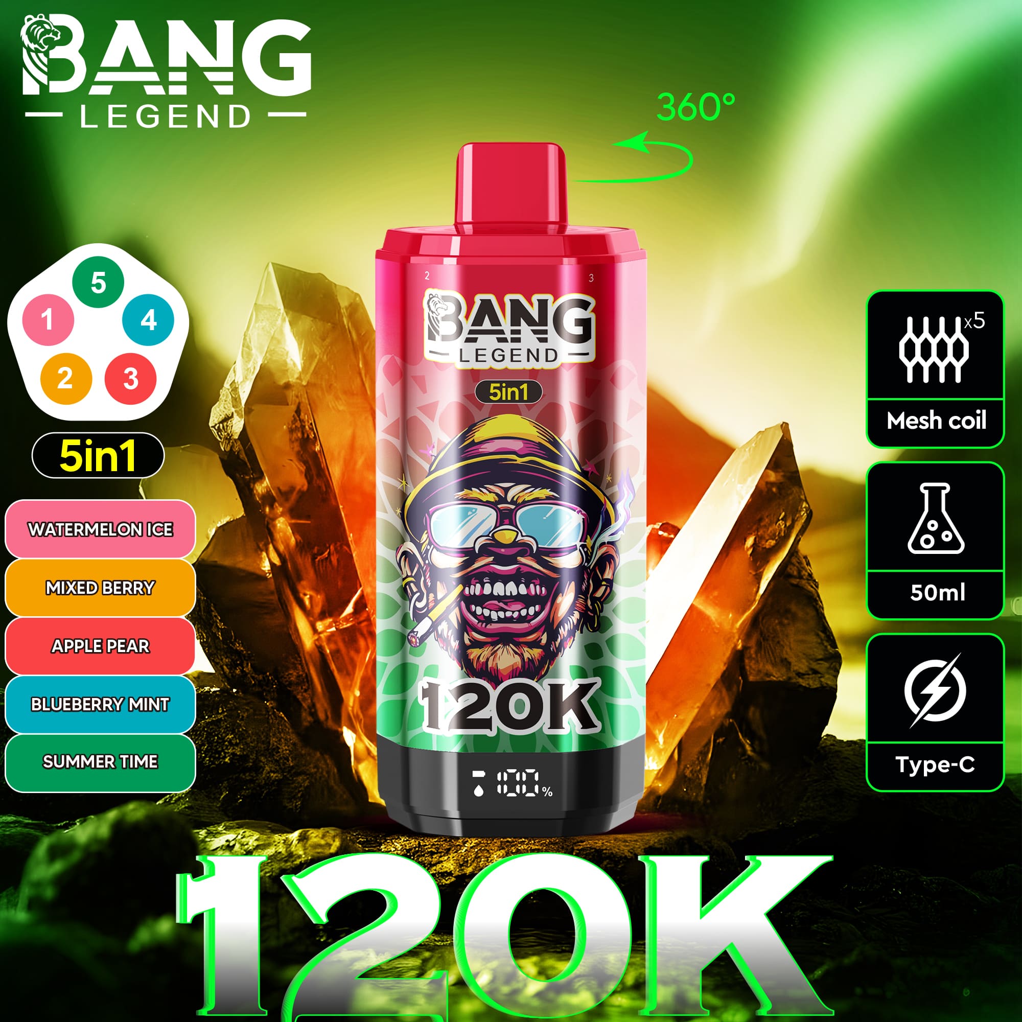 A bright pink Bang Legend 5-in-1 vape bottle labeled 120K, set against glowing crystals with a green-yellow background; features include 5in1, mesh coil icon, 50ml, Type-C, and colorful flavor options on the left.