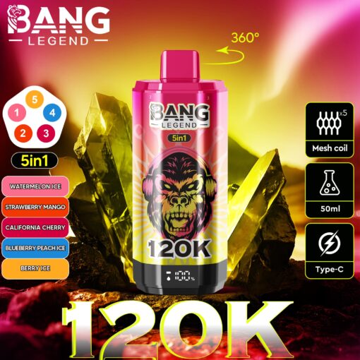 Bang Legend 5-in-1 vape bottle with pink cap, gorilla logo, 120K label, and neon background amid crystal rocks; shows 360° rotation indicator and mesh coil icons.