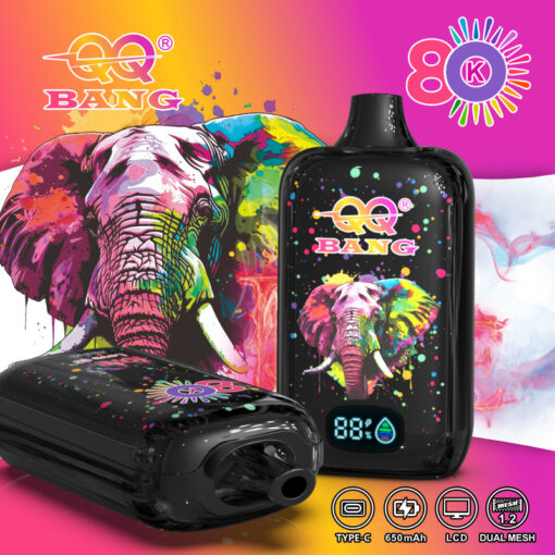 Šareni komplet vape uređaja za igranje s umjetničkim djelom neonskog slona, ​​crnom sjajnom podlogom i prskajućim dizajnom boje; uključuje zaslon i logotipe.