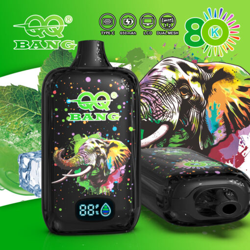 Živahno zeleno pakiranje za QQ BANG elektronički vape sa šarenim umjetničkim djelom slona, ​​digitalnim mjeračem baterije na prednjoj strani i drugim uređajem koji leži na boku.