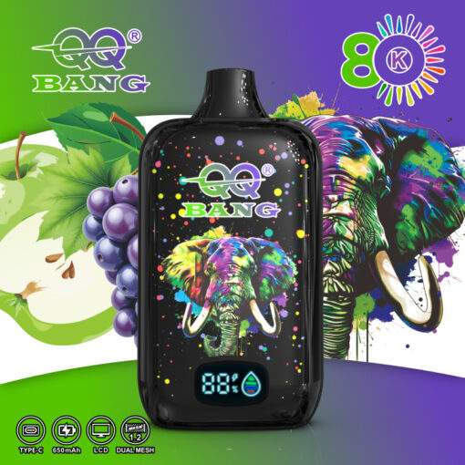 Šareni “QQ BANG” vape uređaj s ilustriranim neonskim slonom, okruženim grafikom voća i pozadinom u obliku duginog prskanja.