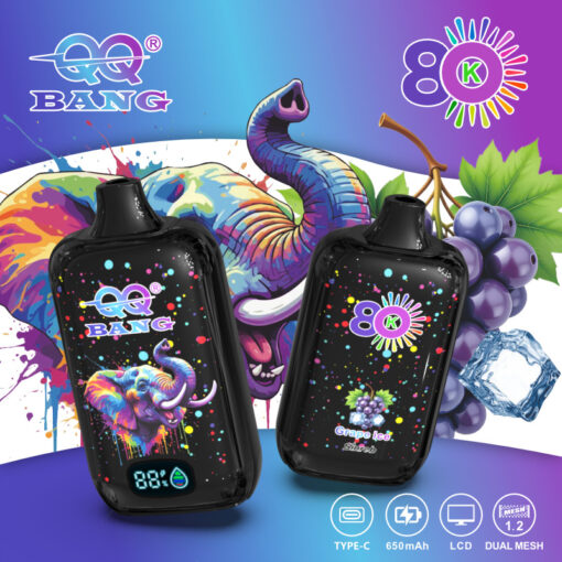 Two black squeeze bottles with colorful, abstract dinosaur artwork on a vibrant backdrop featuring splashes, grapes, and ice, labeled Bang and K with digital display and icons.