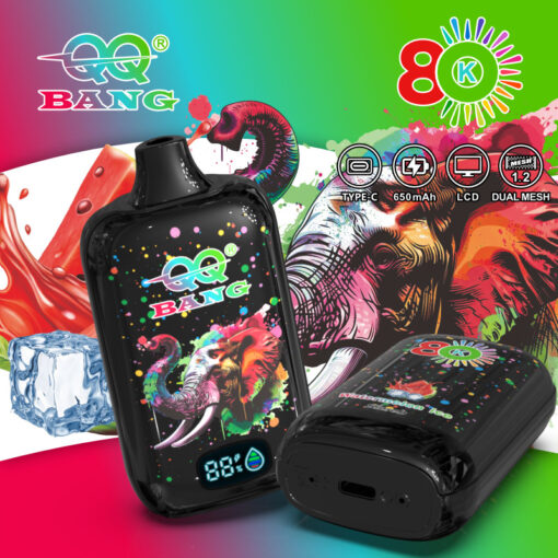 Šareno pakiranje QQ BANG vape uređaja s crnim uređajem sa živopisnim slonom i prskanjem; uključuje logotipe, 650 mAh, LCD, dvostruku mrežicu.