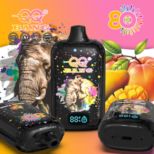 Šareno pakiranje uređaja za vape s grafikom slona, ​​dizajnom boje za prskanje i slikama voća u pozadini; uključuje središnji uređaj koji prikazuje digitalni zaslon.
