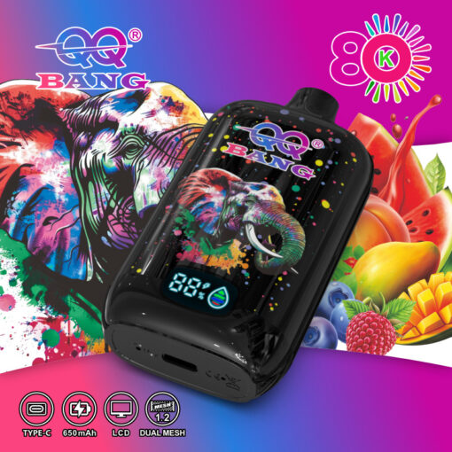 Svijetli crni vape sa šarenim splatter artom koji prikazuje slona, ​​kompaktni zaslon i šarenu voćnu pozadinu.