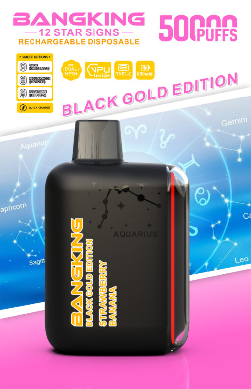 Black Gold Edition Bangking rechargeable disposable vape, 5000 puffs, strawberry banana, with Aquarius zodiac design backdrop