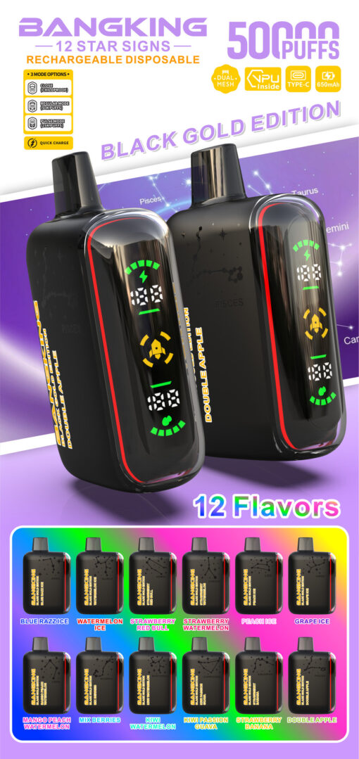 Ad for Bangking 12 Star Signs rechargeable disposable vape, Black Gold Edition, 50,000 puffs, shown in 12 flavors