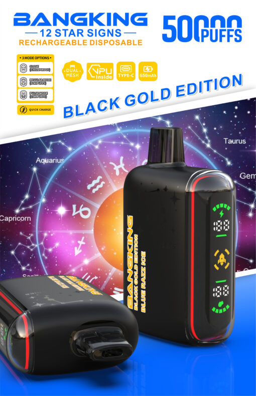 BANGKING Black Gold Edition rechargeable disposable vape, 50000 puffs, with digital display and zodiac-themed background