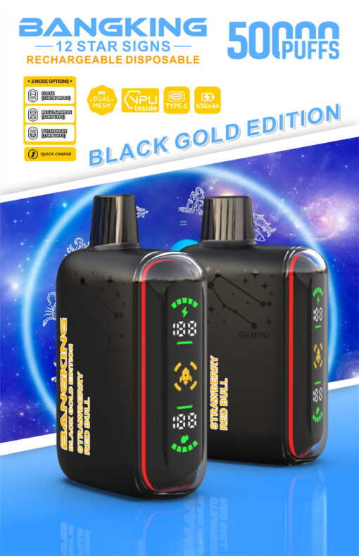 BANGKING 12 Star Signs Black Gold Edition rechargeable disposable vape, 5000 puffs, with LED display and Type‑C charging icons