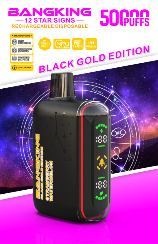 Bangking Black Gold Edition rechargeable disposable vape, 5000 puffs, Strawberry Watermelon, with digital display and zodiac theme background