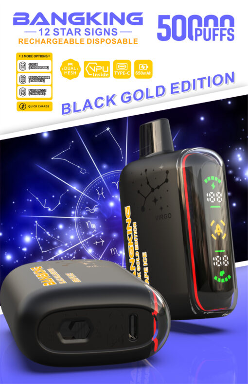 Bangking 12 Star Signs Black Gold Edition rechargeable disposable vape, 5000 puffs, with zodiac design and LED display