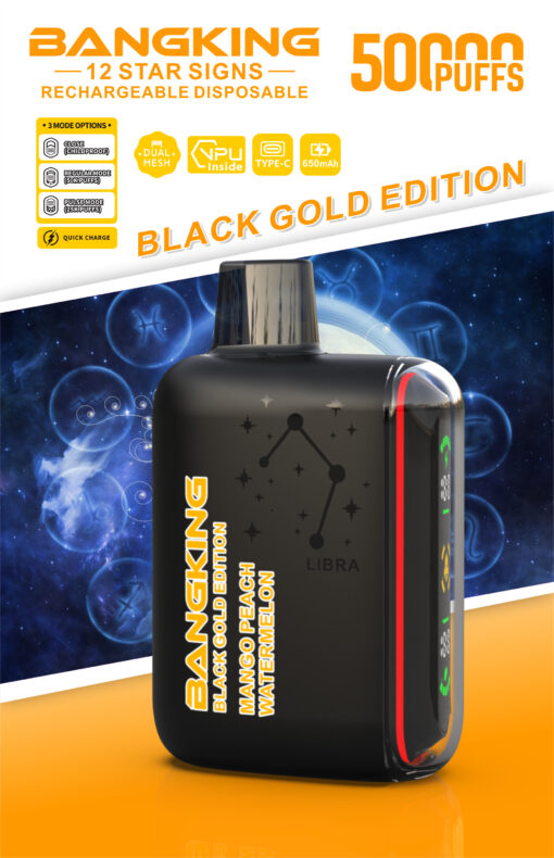 Black Gold Edition rechargeable disposable vape, 5000 puffs, mango peach watermelon flavor with Libra zodiac design