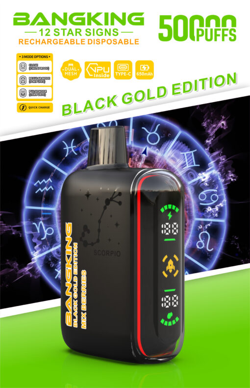 Bangking Black Gold Edition rechargeable disposable vape, 50000 puffs, Scorpio design with digital display and zodiac backdrop