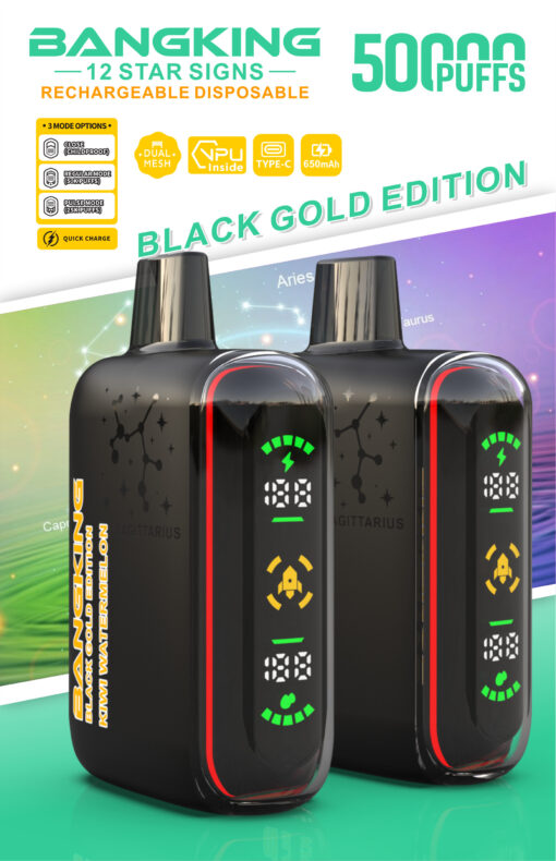 Bangking 12 Star Signs rechargeable disposable vape, 50,000 puffs Black Gold Edition with screen display and Type-C charging