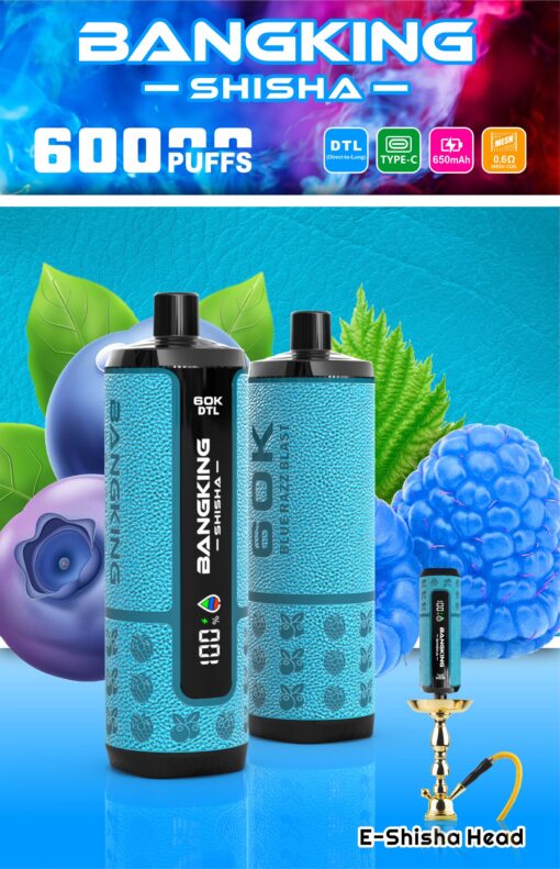 Bangking Shisha 600 puffs disposable vape in blue with blueberry graphics and DTL, Type‑C, 650mAh, mesh coil icons