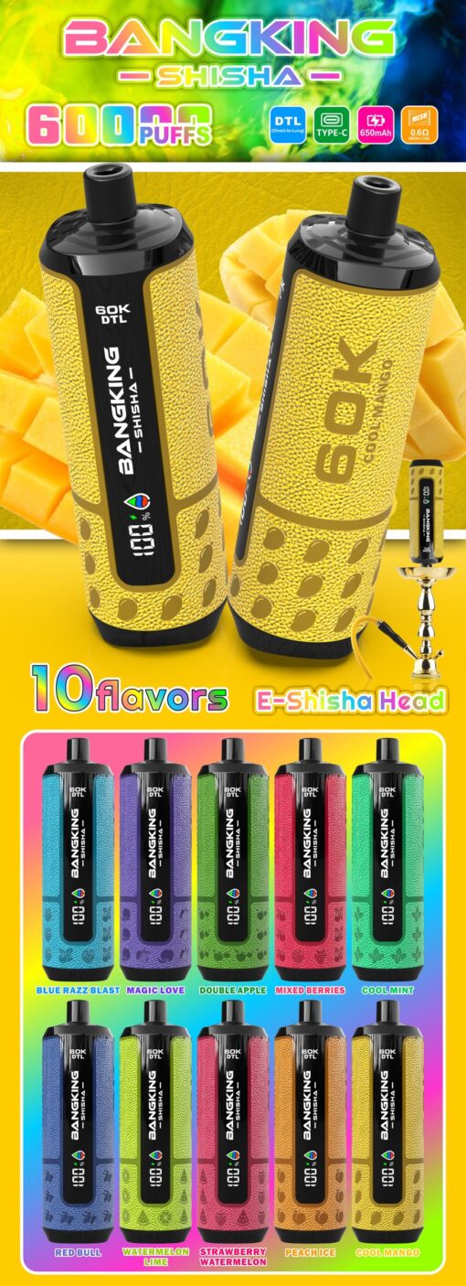 Promotional graphic for Bangking Shisha 60000 puffs e-shisha head, showing 10 colorful flavors including mango, mint, and berries