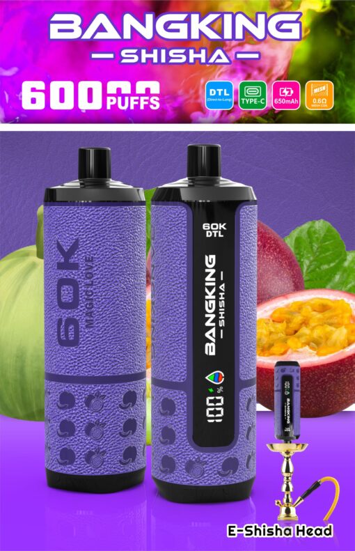 Bangking Shisha 600 puffs disposable vape, purple 60K DTL device with Type‑C, 650mAh, 0.6Ω mesh coil, fruit backdrop and hookah base