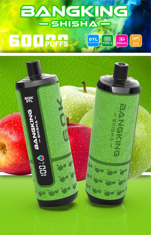 Two green Bangking Shisha vape devices with apple design, advertised as 6000 puffs with DTL and Type-C features