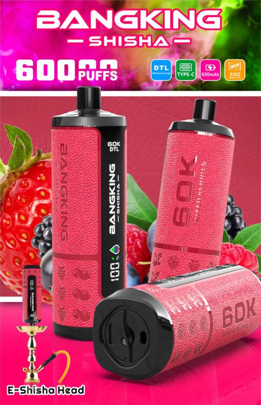 Bangking Shisha e‑shisha head vape device, 600 puffs, pink textured design with berry fruit background and specs icons