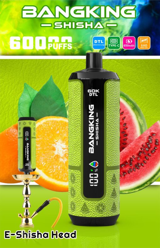 BANGKING Shisha 600 puffs DTL e-shisha head with Type-C, 650mAh battery and fruit-themed orange and watermelon background