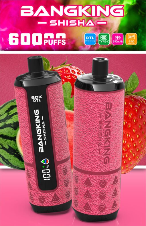 Two pink Bangking Shisha 6000 puffs vape devices with strawberry design, shown against strawberries and watermelon backdrop